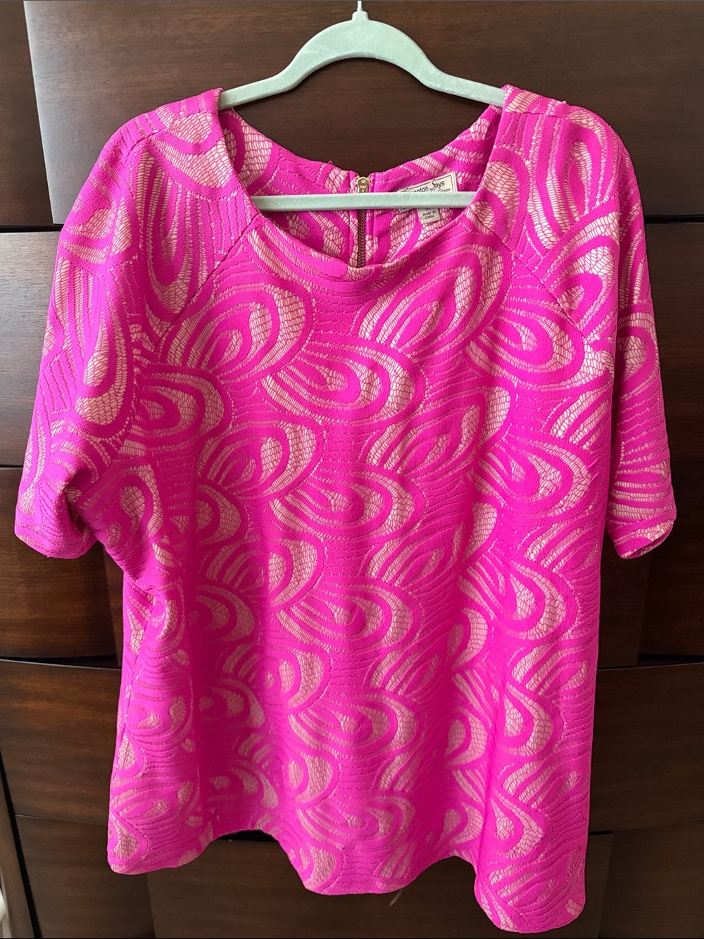 Women's Pink Metallic Patterned Short-Sleeve Blouse